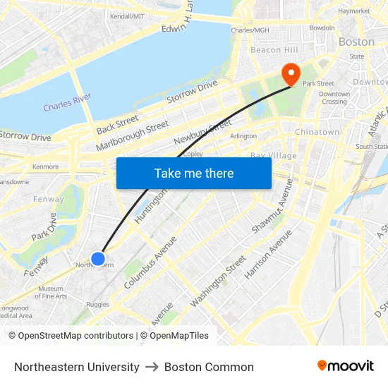 Northeastern University to Boston Common map