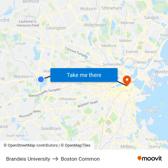 Brandeis University to Boston Common map