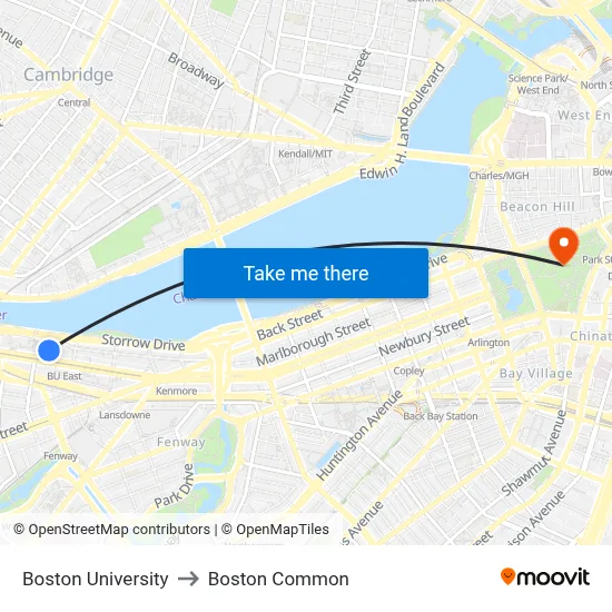 Boston University to Boston Common map
