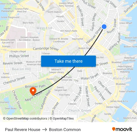 Paul Revere House to Boston Common map