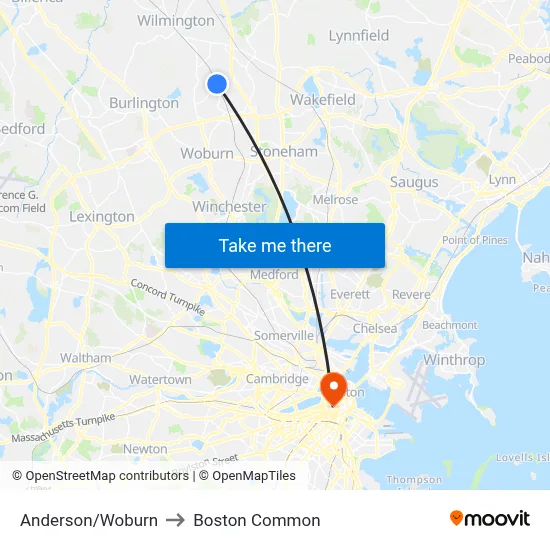 Anderson/Woburn to Boston Common map