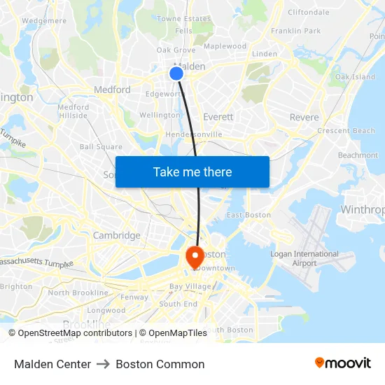 Malden Center to Boston Common map