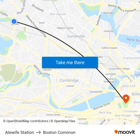 Alewife Station to Boston Common map