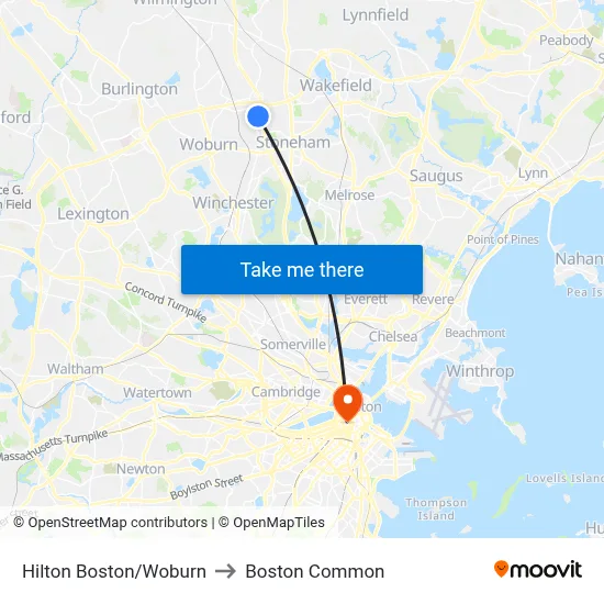 Hilton Boston/Woburn to Boston Common map