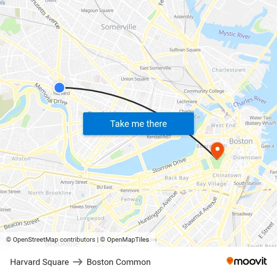 Harvard Square to Boston Common map