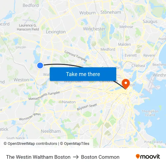 The Westin Waltham Boston to Boston Common map