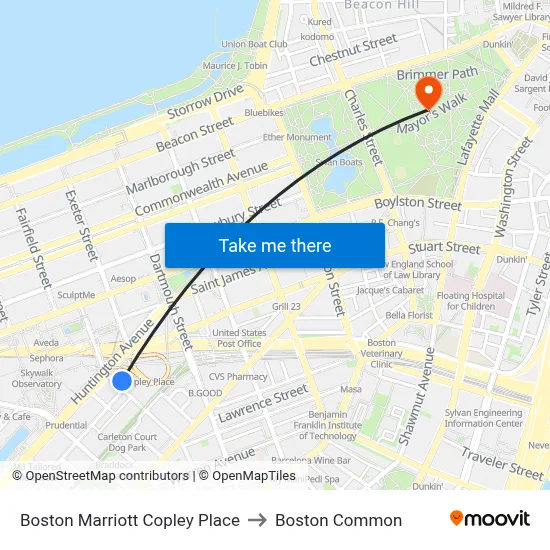 Boston Marriott Copley Place to Boston Common map