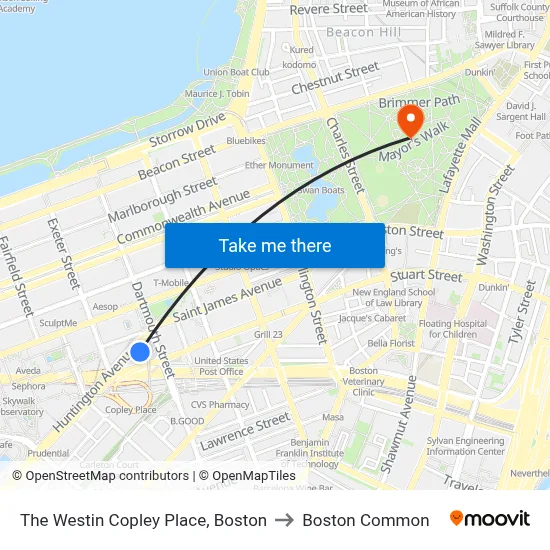 The Westin Copley Place, Boston to Boston Common map