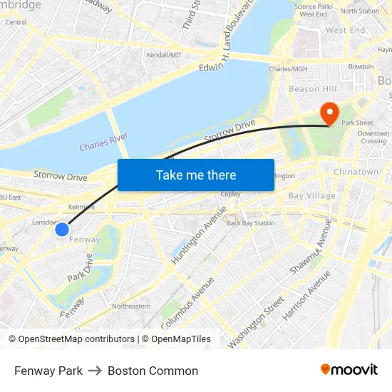 Fenway Park to Boston Common map