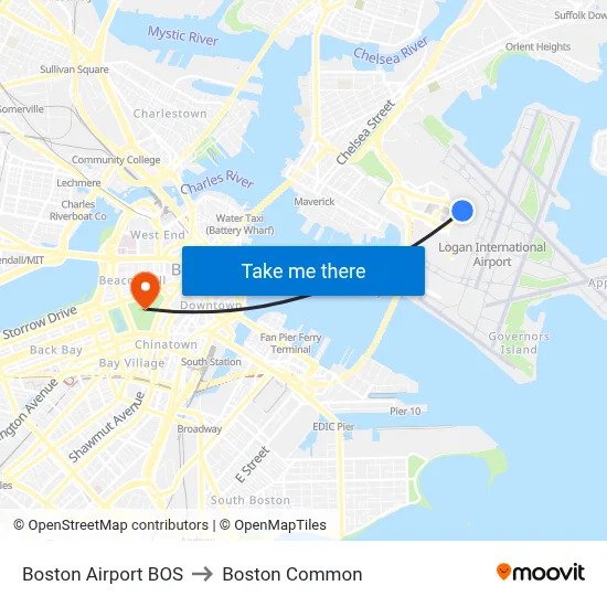 Boston Airport BOS to Boston Common map