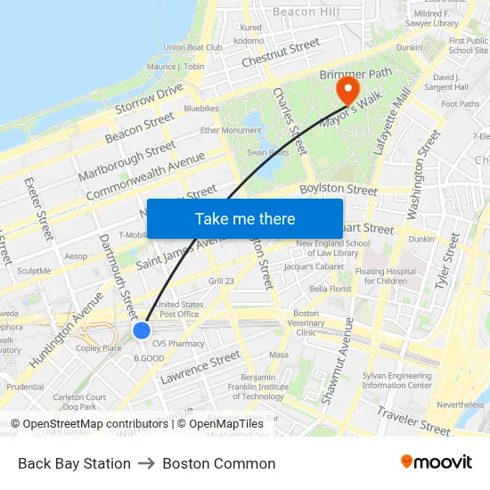 Back Bay Station to Boston Common map