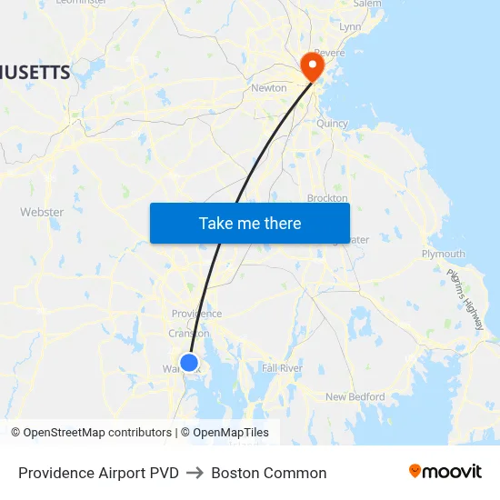 Providence Airport PVD to Boston Common map