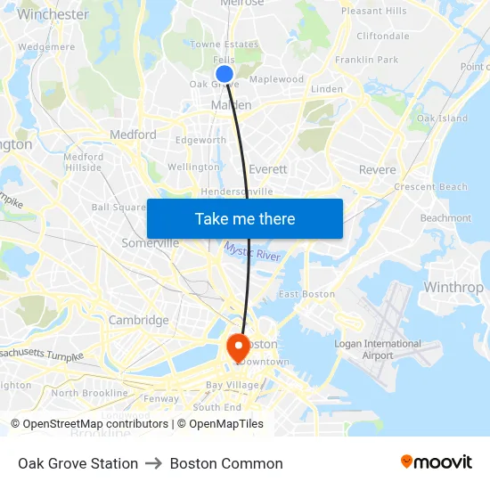Oak Grove Station to Boston Common map