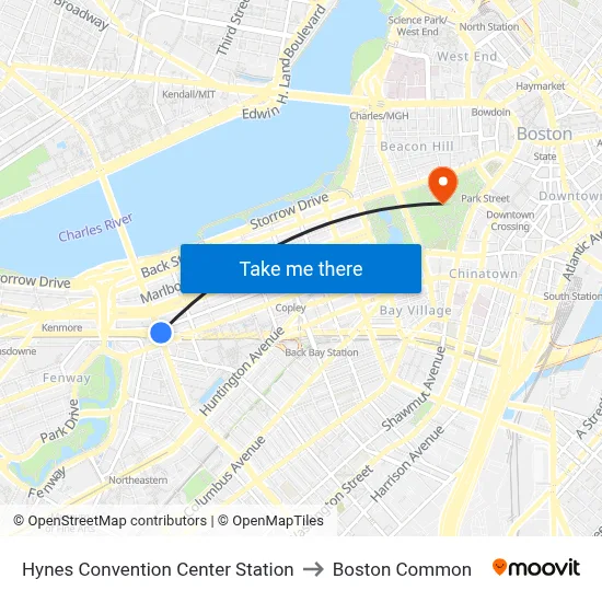 Hynes Convention Center Station to Boston Common map