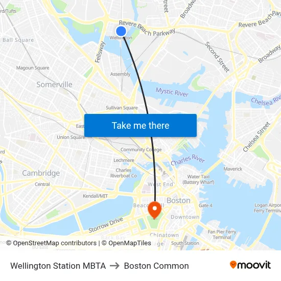 Wellington Station MBTA to Boston Common map