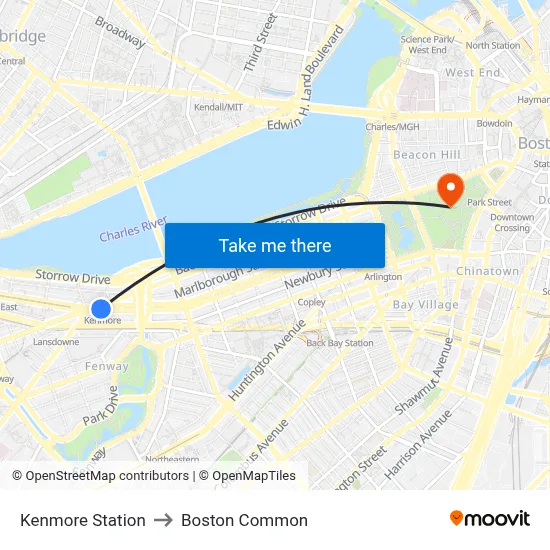 Kenmore Station to Boston Common map