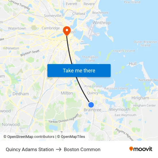 Quincy Adams Station to Boston Common map