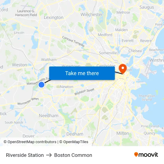 Riverside Station to Boston Common map