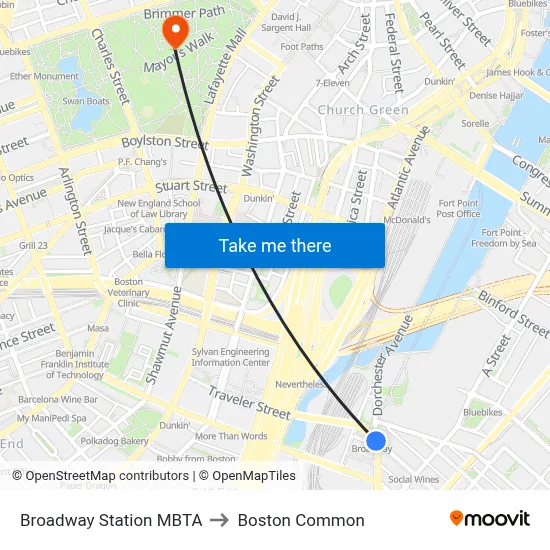 Broadway Station MBTA to Boston Common map