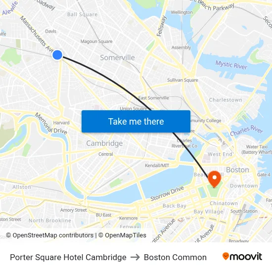 Porter Square Hotel Cambridge to Boston Common map