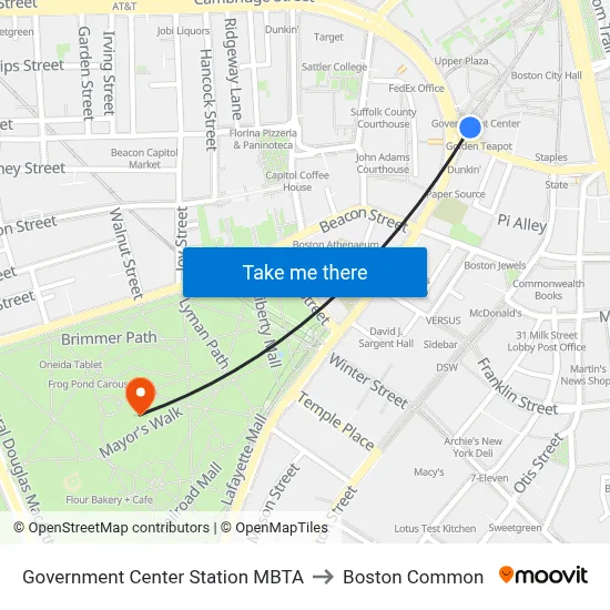 Government Center Station MBTA to Boston Common map