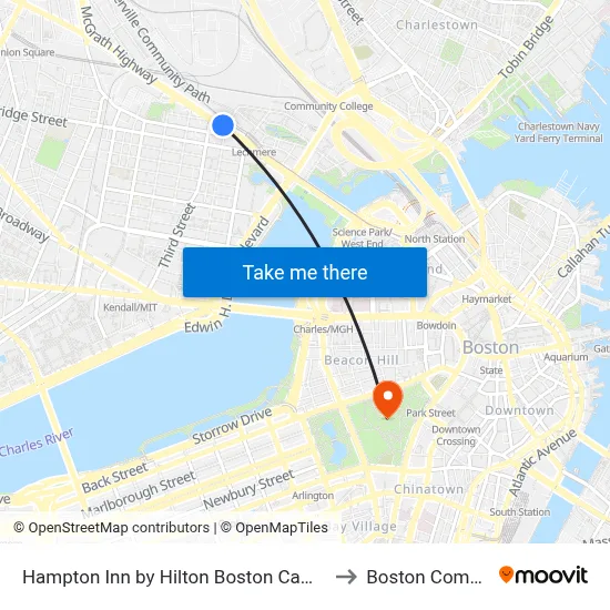 Hampton Inn by Hilton Boston Cambridge to Boston Common map