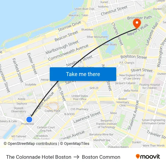 The Colonnade Hotel Boston to Boston Common map