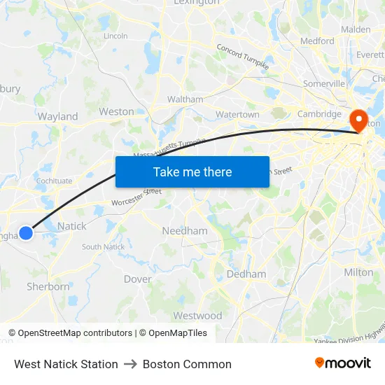 West Natick Station to Boston Common map