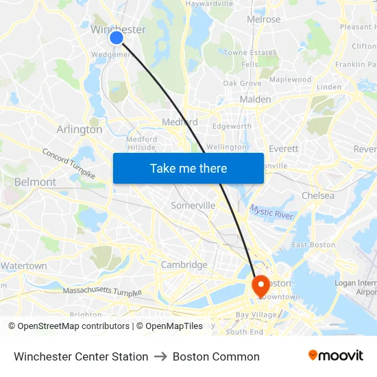 Winchester Center Station to Boston Common map