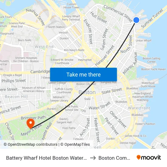 Battery Wharf Hotel Boston Waterfront to Boston Common map