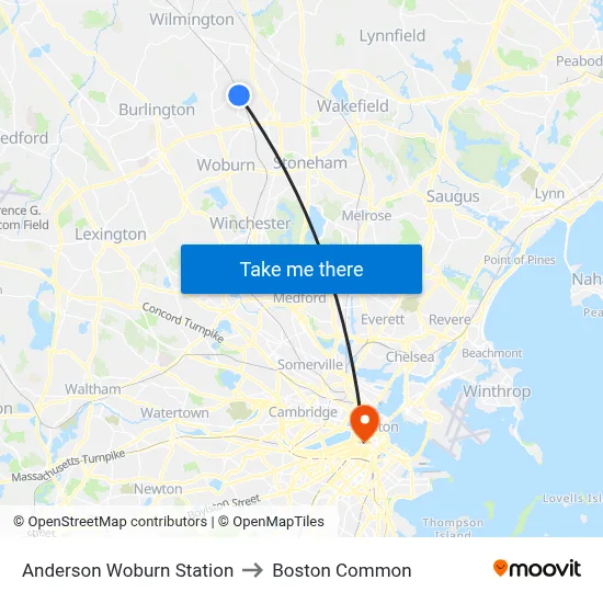 Anderson Woburn Station to Boston Common map