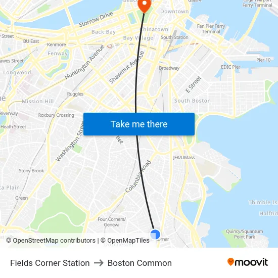 Fields Corner Station to Boston Common map