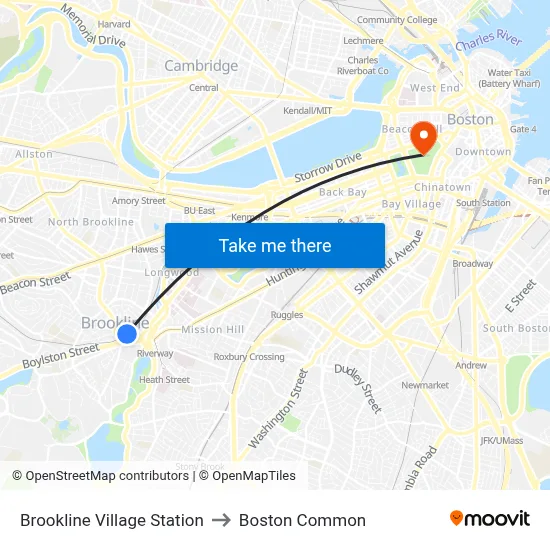 Brookline Village Station to Boston Common map