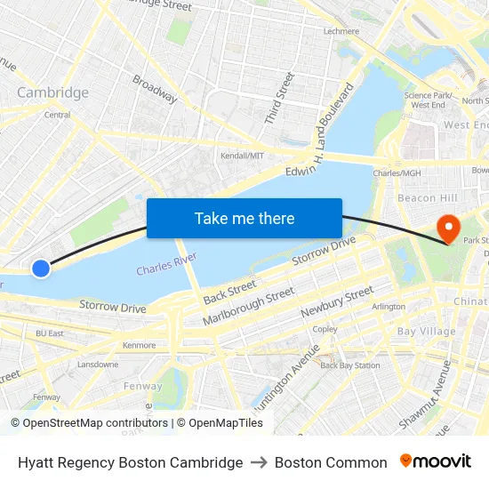 Hyatt Regency Boston Cambridge to Boston Common map