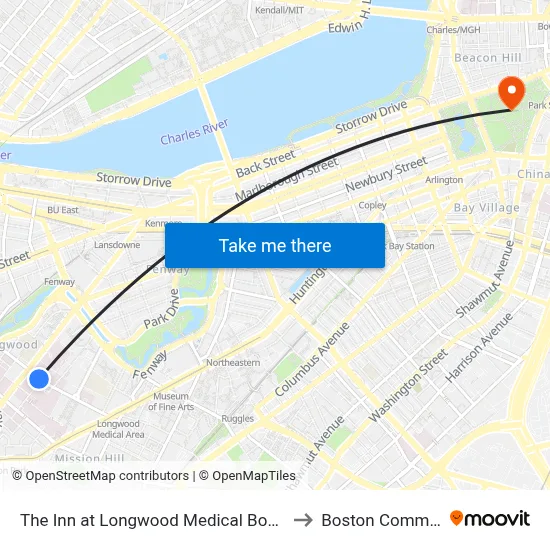 The Inn at Longwood Medical Boston to Boston Common map