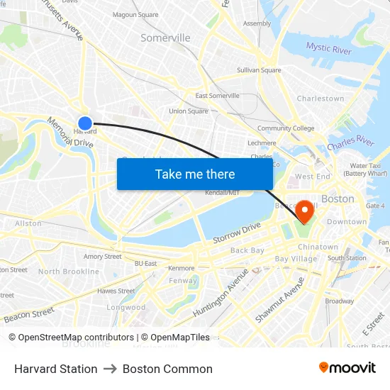 Harvard Station to Boston Common map