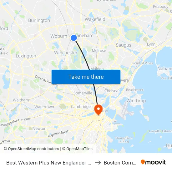 Best Western Plus New Englander Woburn to Boston Common map