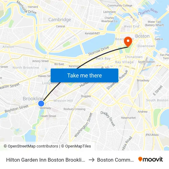 Hilton Garden Inn Boston Brookline to Boston Common map