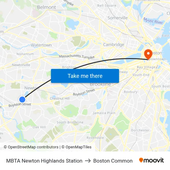 MBTA Newton Highlands Station to Boston Common map
