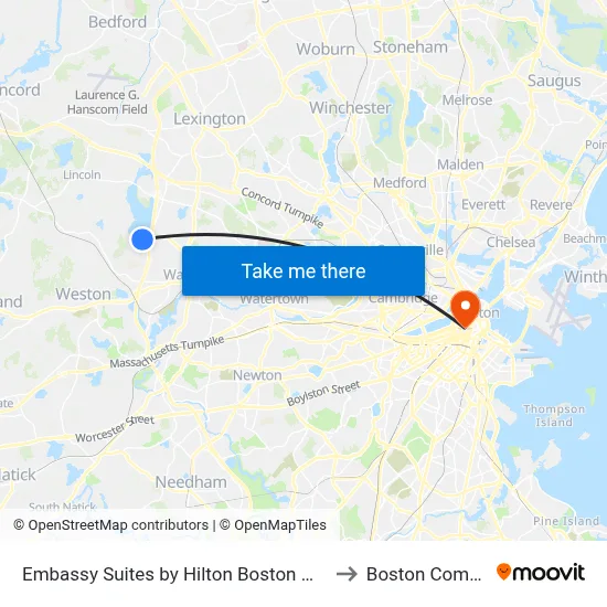 Embassy Suites by Hilton Boston Waltham to Boston Common map