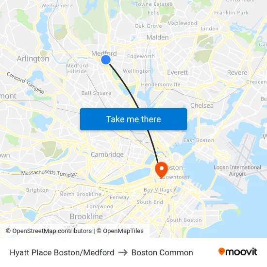 Hyatt Place Boston/Medford to Boston Common map