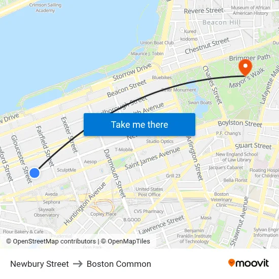 Newbury Street to Boston Common map
