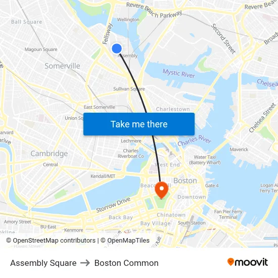 Assembly Square to Boston Common map