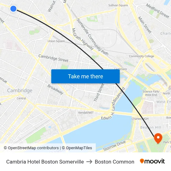 Cambria Hotel Boston Somerville to Boston Common map