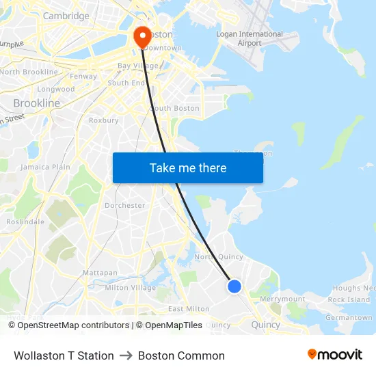 Wollaston T Station to Boston Common map