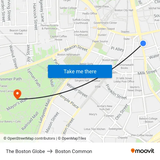 The Boston Globe to Boston Common map