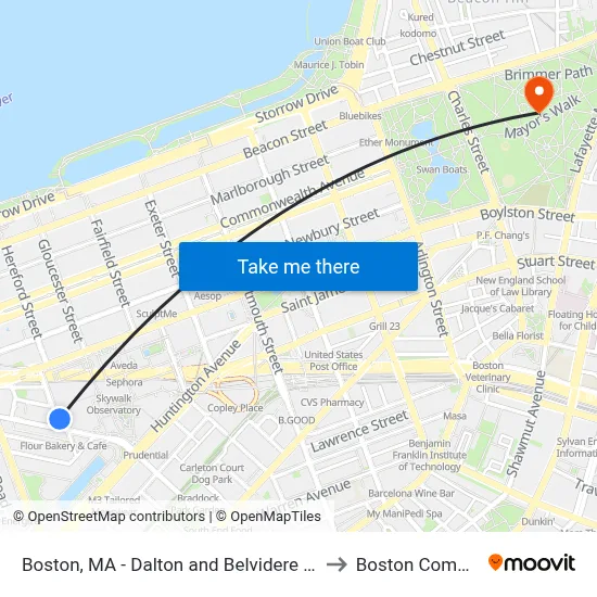Boston, MA - Dalton and Belvidere Street to Boston Common map