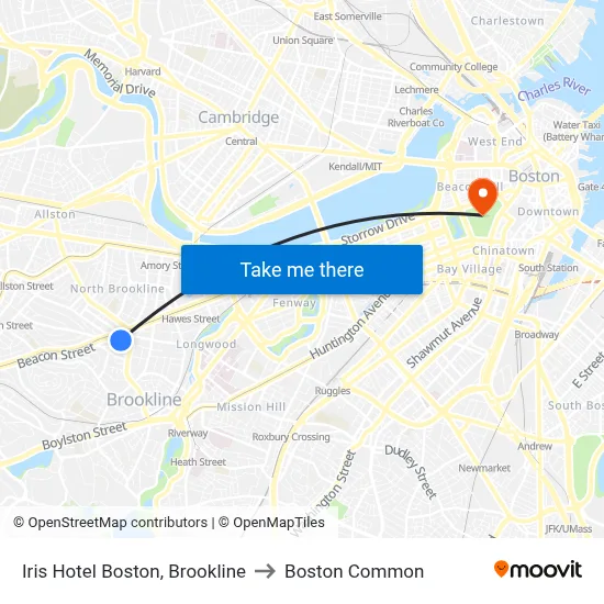 Iris Hotel Boston, Brookline to Boston Common map