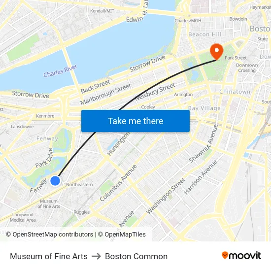 Museum of Fine Arts to Boston Common map