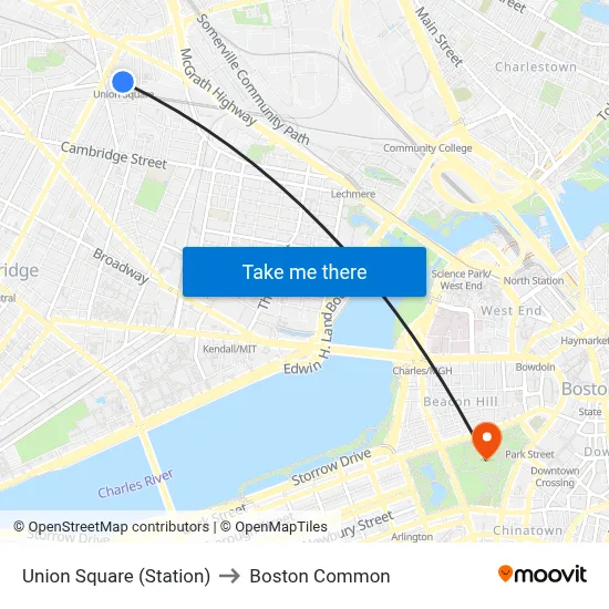 Union Square (Station) to Boston Common map